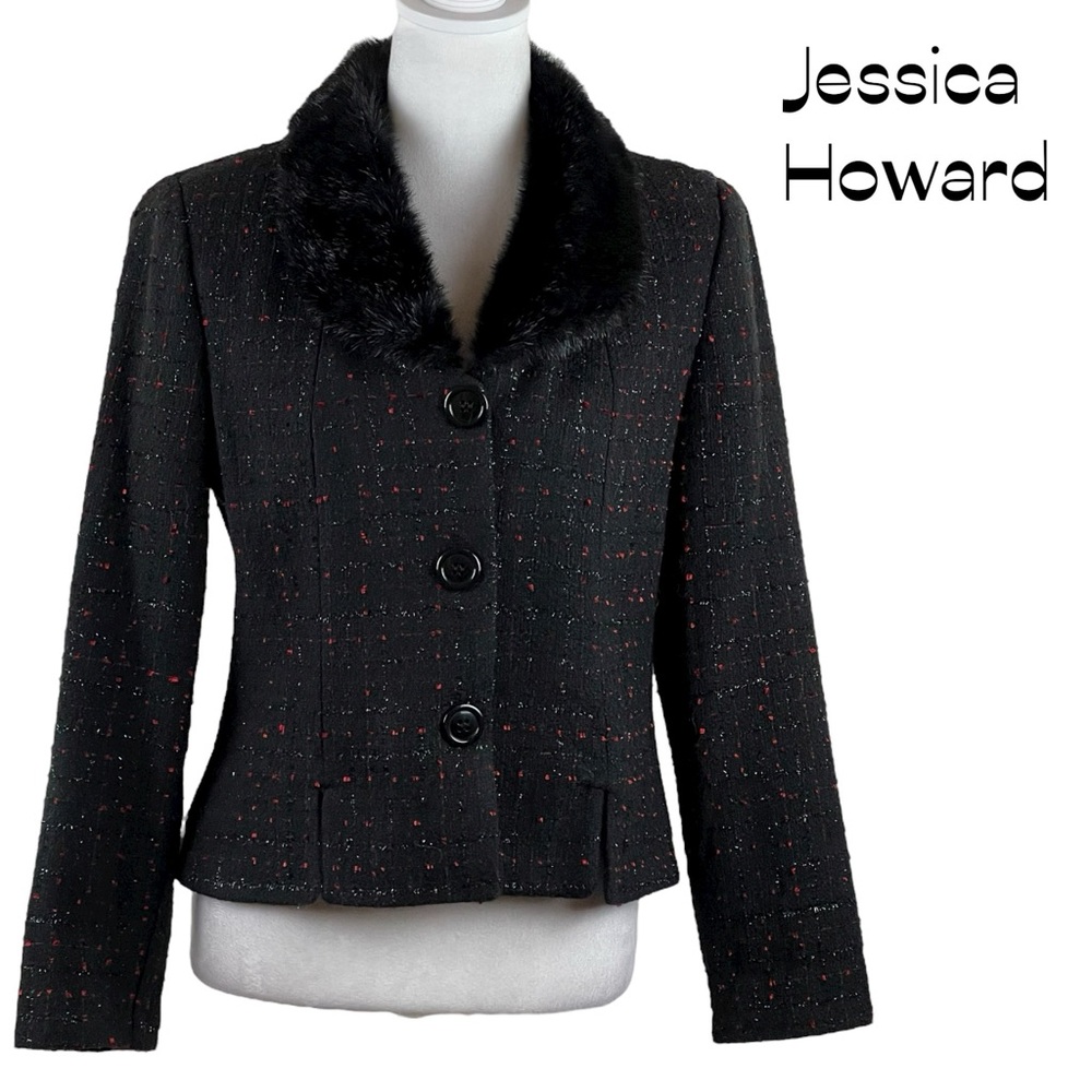Jessica Howard Black Tweed Fur Collar Cropped Jacket NWOT Size 6